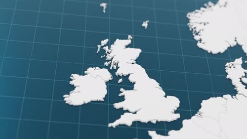 Highlight mit der blauen 3D-Karte des Vereinigten Königreichs mit Zeigernadel, umgeben von anderen Ländern, in Weiß, Europa