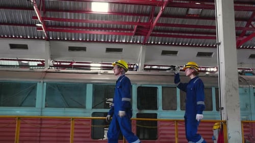 Workers Inspect Rail Car Repair Station