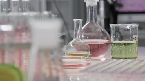 Close-up of Arrangement of Diverse Glassware on Reflective Laboratory Table