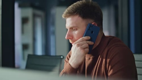 Busy Businessman Talking Smartphone in Office Closeup Business Man Ending Call