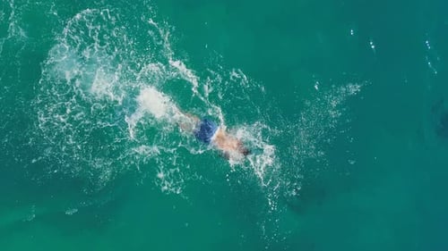 Aerial View of Young Man Swimming in the Sea