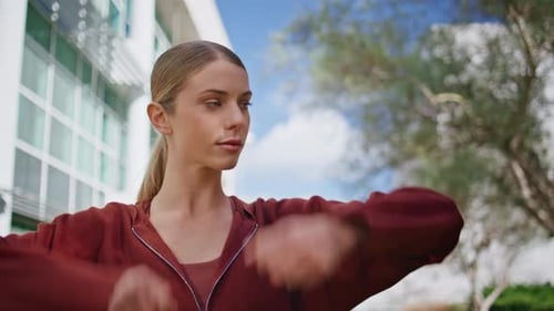 Closeup Girl Doing Sport in Urban Park Fitness Woman Preparing for Workout