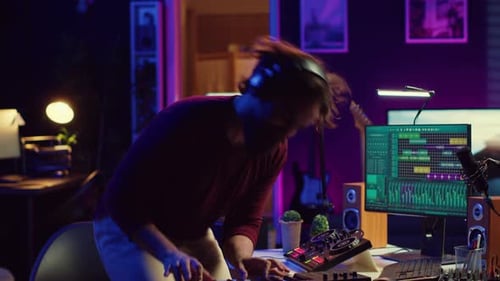 Energetic Confident Artist Playing Electronic Piano in Home Studio