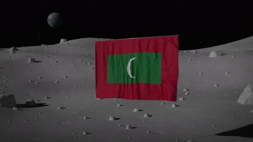 Maldives Flag Waving on Moon Surface with Distant Earth