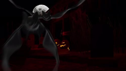 Spooky Halloween Night with Flying Bats and Jack-o'-Lanterns