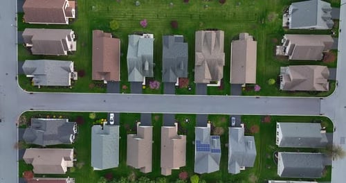 New compact housing in suburbs of USA. American urban population growth, sprawl concept. Top down ae
