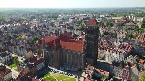 Basilica of St. Mary of the Assumption of the Blessed Virgin Mary in Gdansk Old Town, Poland, aerial