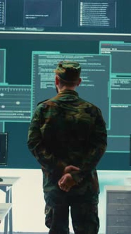 Vertical Video Military Hackers Working on Cyber Security in a High Tech Government Center