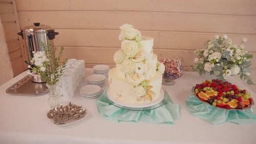 Beautiful Tiered Wedding Cake with Flowers and Fruit