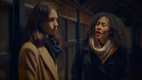 Women in Coats Talking at Night in City