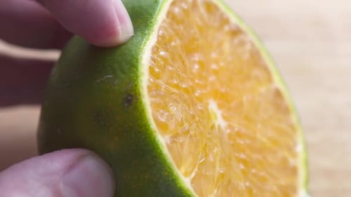 Closeup view of cutting juicy orange
