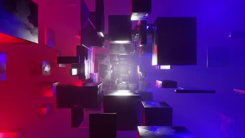 Sci-fi tunnel in a foggy space with rotating geometry shrinks and expands 3d render. Industrial