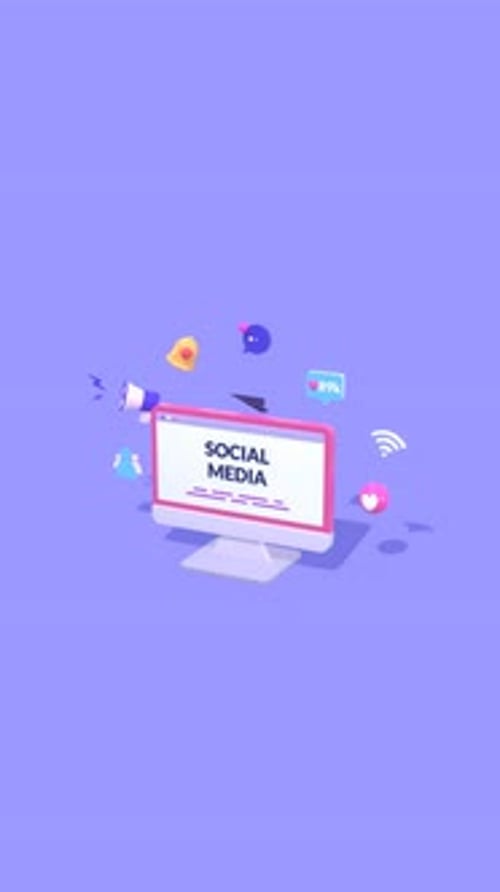 3D Monitor Animation with Social Media Icons. Social Networking and Marketing Concepts.