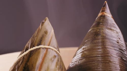 Steaming Zongzi in Bamboo Leaves, Close Up