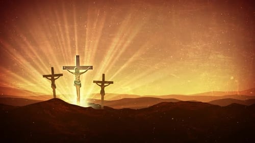 Easter Resurrection Scene with Glowing Crosses on Hill