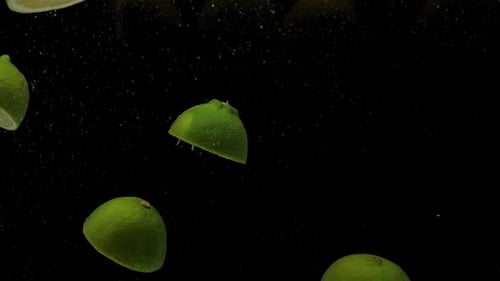 Lime and Lemon Slices Floating on Black Background