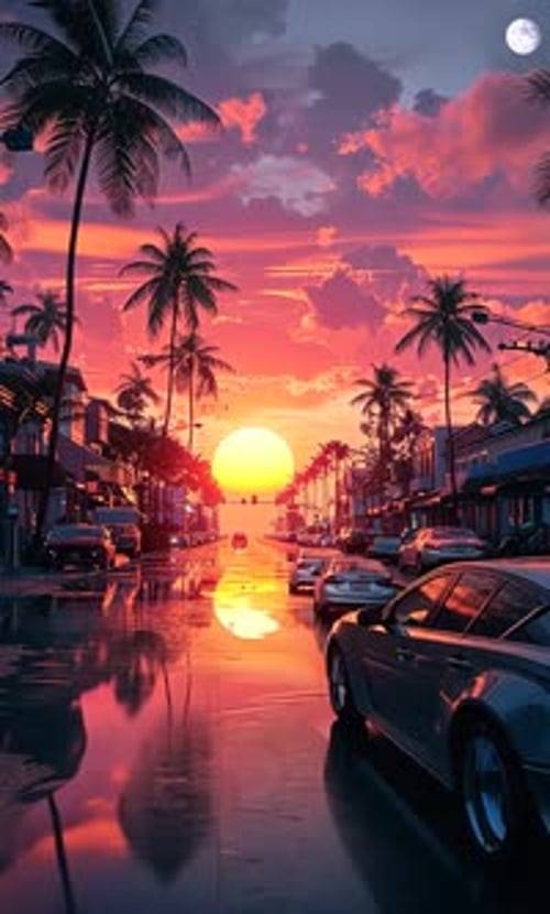 Coucher de soleil sur une rue tropicale, trottoir mouillé, couleurs vives
