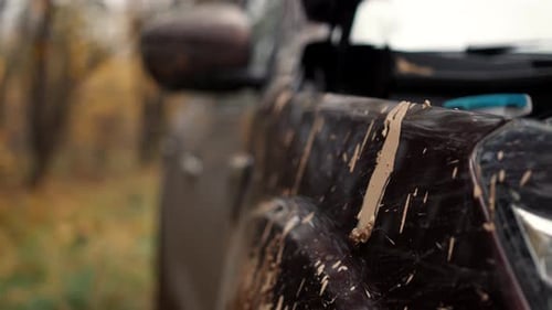 Nahaufnahme eines SUV-Fender im Schlamm im Wald beim Offroad-Fahren in einem vorbereiteten Fahrzeug