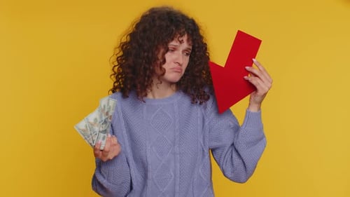Upset Woman Showing Red Arrow Pointing Down Concept of Downgrade Bankruptcy Money Dollar Fail Fall