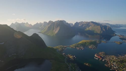 Scenic aerial view of Lofoten, Norway during a sunny day with mountains and fjords