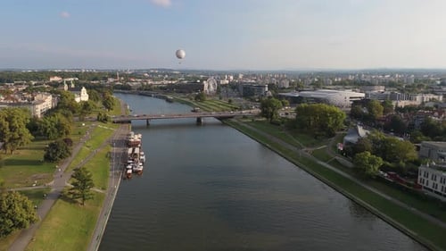 Aerial View of Central Krakow and Vistula River on a Sunny Summer Day Poland