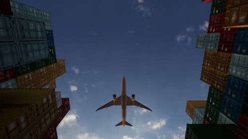 3D Animation of Airplane Flying Over Shipping Containers for Global Logistics