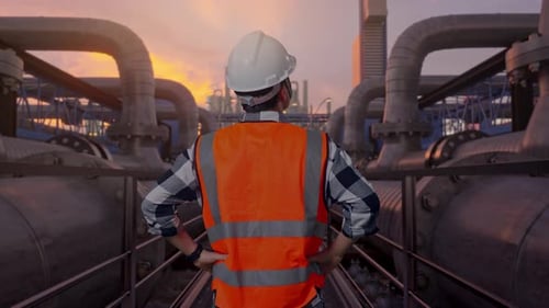Rückansicht eines männlichen Ingenieurs, der sich mit Waffen umschaut Akimbo, Industriepipeline
