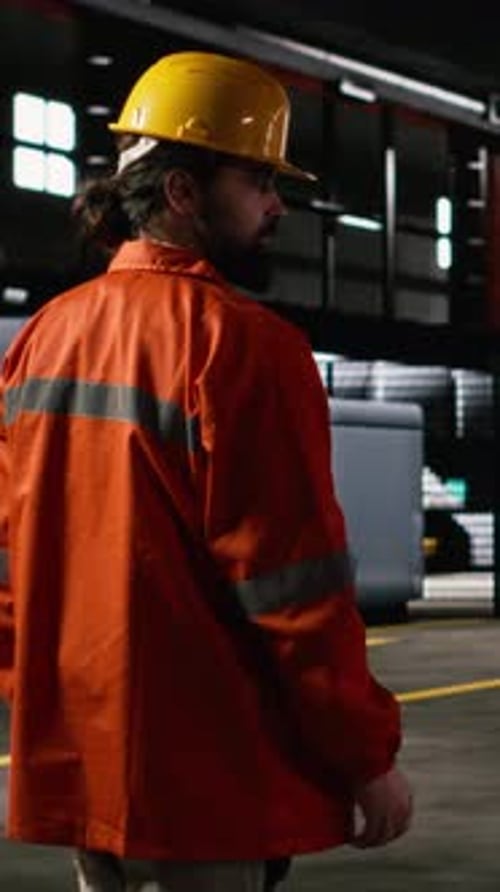 Vertical Video Engineer Walking Inside Factory Inspecting Heavy Machinery Along Production Line