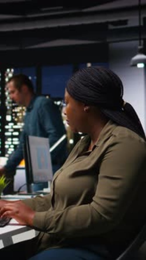 Vertical Video Woman Editor Works on Professional AI Generated Content for Photography Editing