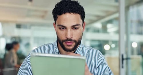 Thinking, tablet and businessman in office with research for finance report with budget planning