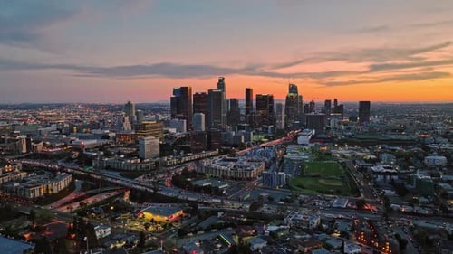 Sunset City View of LA Downtown Los Angeles From Drone Los Angeles Skyline at Dusk Evening in Los