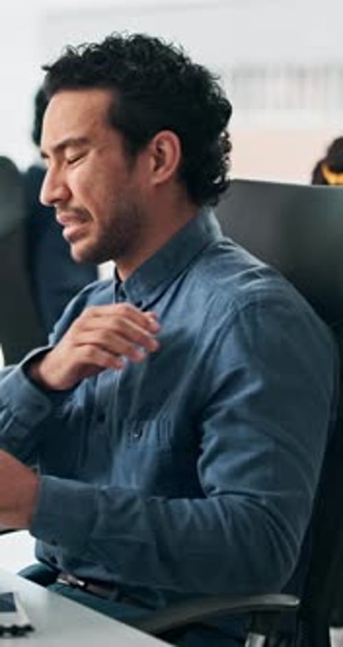 Posture, shoulder pain and sore with business man in office for symptoms of arthritis or cramp