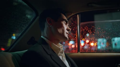 Sleepy Passenger Napping Rainy Window Automobile Close Up Tired Man Relaxing