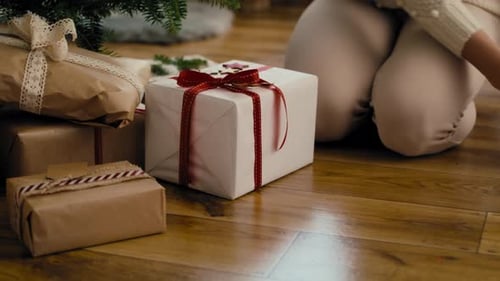 Woman Arranges Christmas Gifts Under Decorated Tree