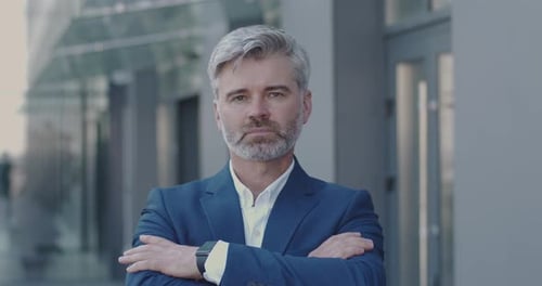 Portrait of Handsome Mature Businessman Standing Look at Camera Outside Near Business Center