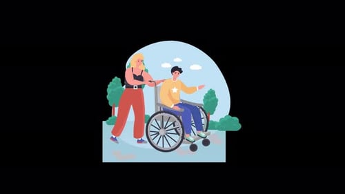Animated Illustration of Caregiver Pushing Man in Wheelchair