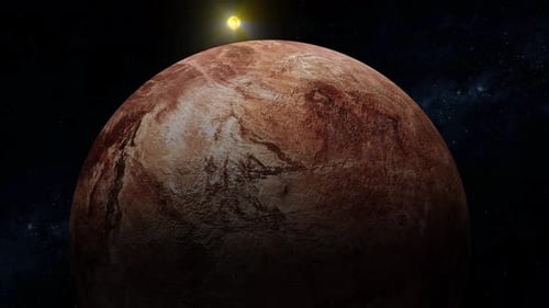 Realistischer 3D-Makemake-Fiktionsplanet mit glühender Sonne