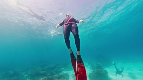 Un apnéiste mâle remonte des profondeurs de la mer tropicale
