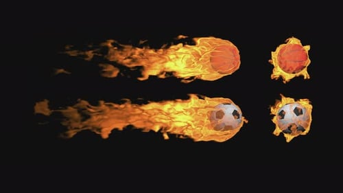 Football and basketball balls fly and burn on a transparent background alpha channel.