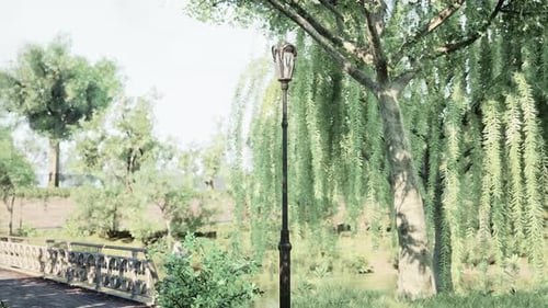 A Serene Park Landscape with a Lamppost Under a Weeping Willow Tree