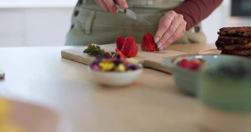 Cooking, strawberry or hands in kitchen for cake recipe, chocolate dessert or baking pastry