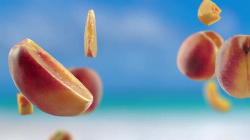 Flying Peach and Peaches Slices in Beach Tropical Summer Background