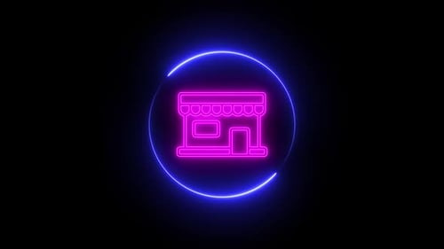Neon Store Icon with Rotating Blue Circle Animation