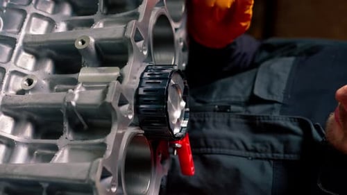 Vertical Video Close Up At a Service Station on the Table Young Engine Repairman Puts a Piston Part