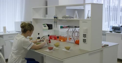 Woman Inspects Seeds With Magnifying Glass in Lab