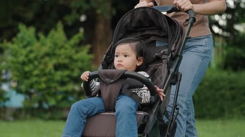 mother pushing toddler baby stroller and walking in the park