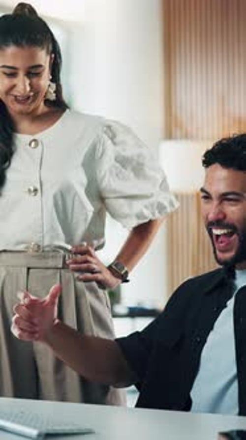 Success, fist bump or people in office with computer, motivation or approval of marketing proposal