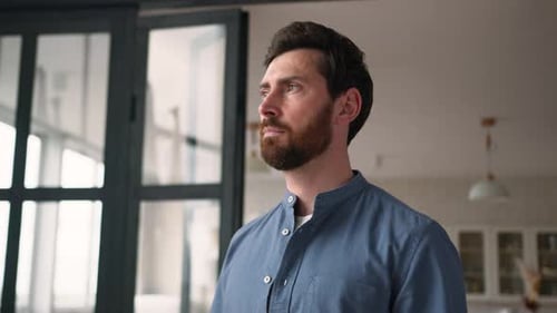 Thoughtful Caucasian Man Bearded Guy Middleaged Dad Pondering at Home Pensive Parent Contemplating