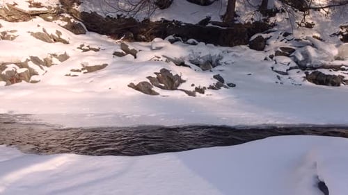 River creek mountain water flowing winter snow covered ground, frozen stream