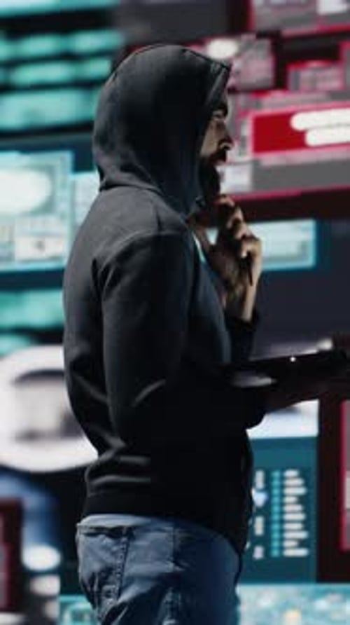 Bearded Man Using Laptop Against Blue Screens